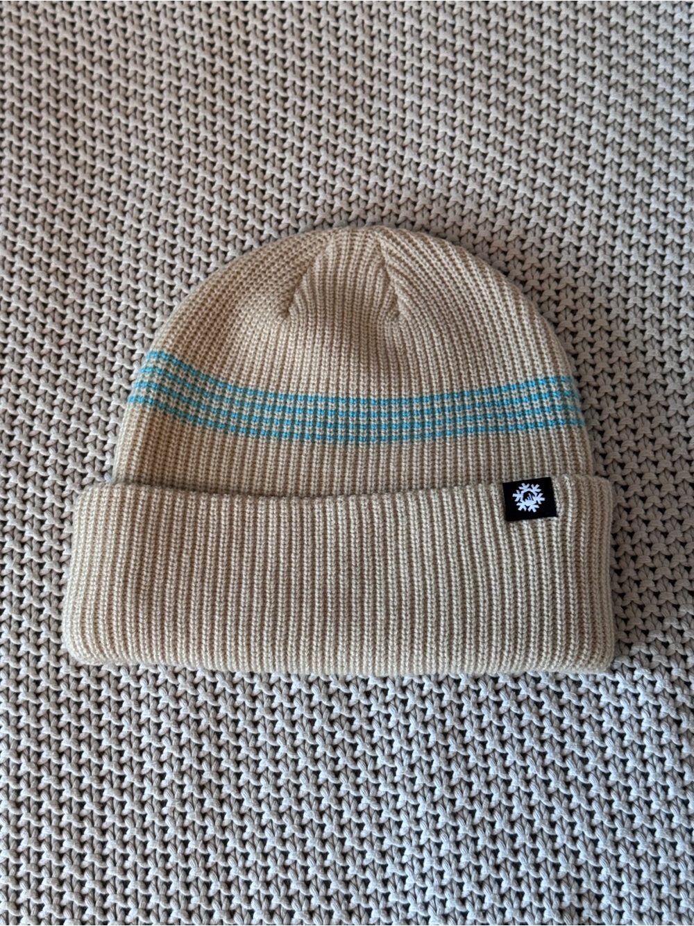 Beige Beanie with Blue Stripe